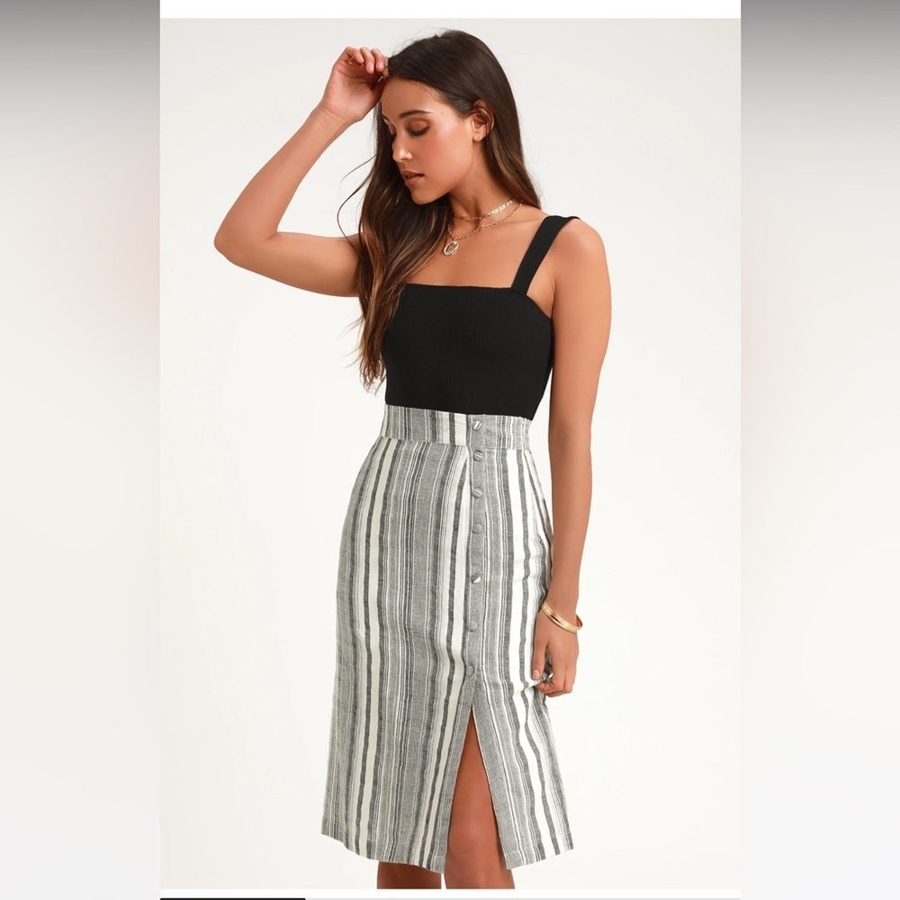 Lulus Sabine Grey Striped Button Down Midi Skirt